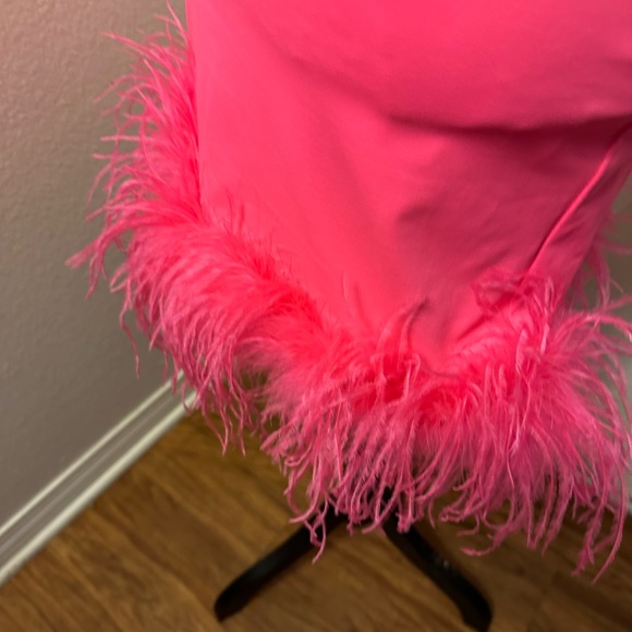White Fox Boutique Hot Pink Feather Hem Mini Dress - Picture 4 of 10